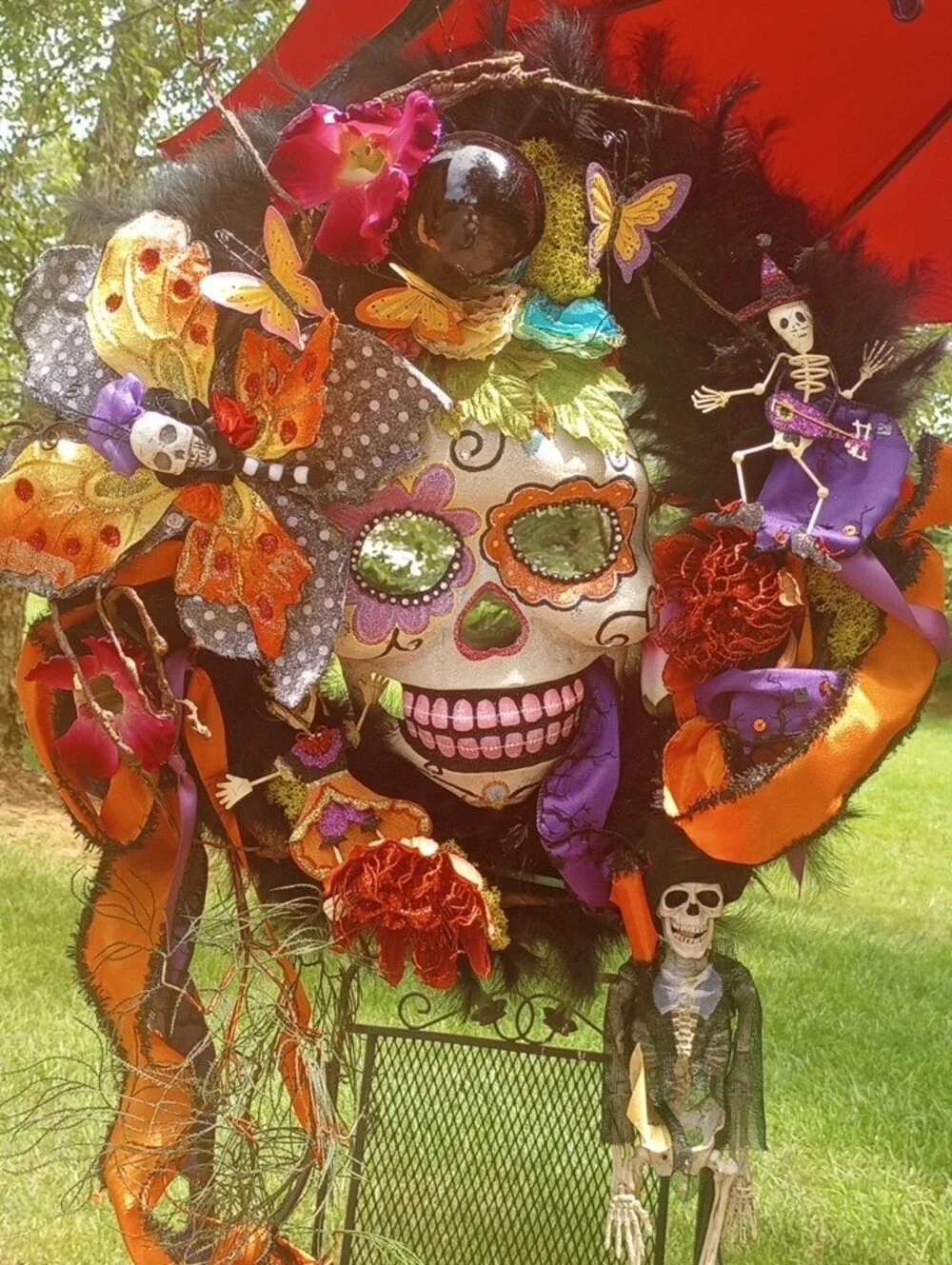 Colorful Skull Halloween Wreath with Skulls & Butterflies